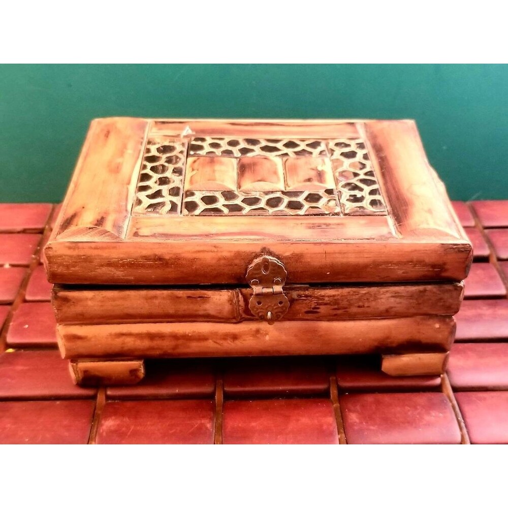 Vintage Bamboo & Wooden Jewelry Box With Brass Hardware Felt Lined